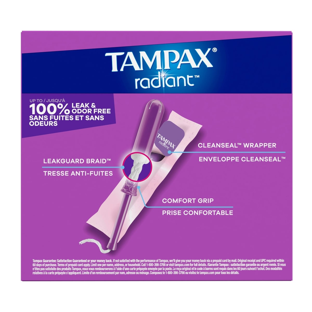 Tampons Radiant avec tresse anti-fuites LeakGuard, degré d’absorption régulier/super, emballage duo, non parfumés