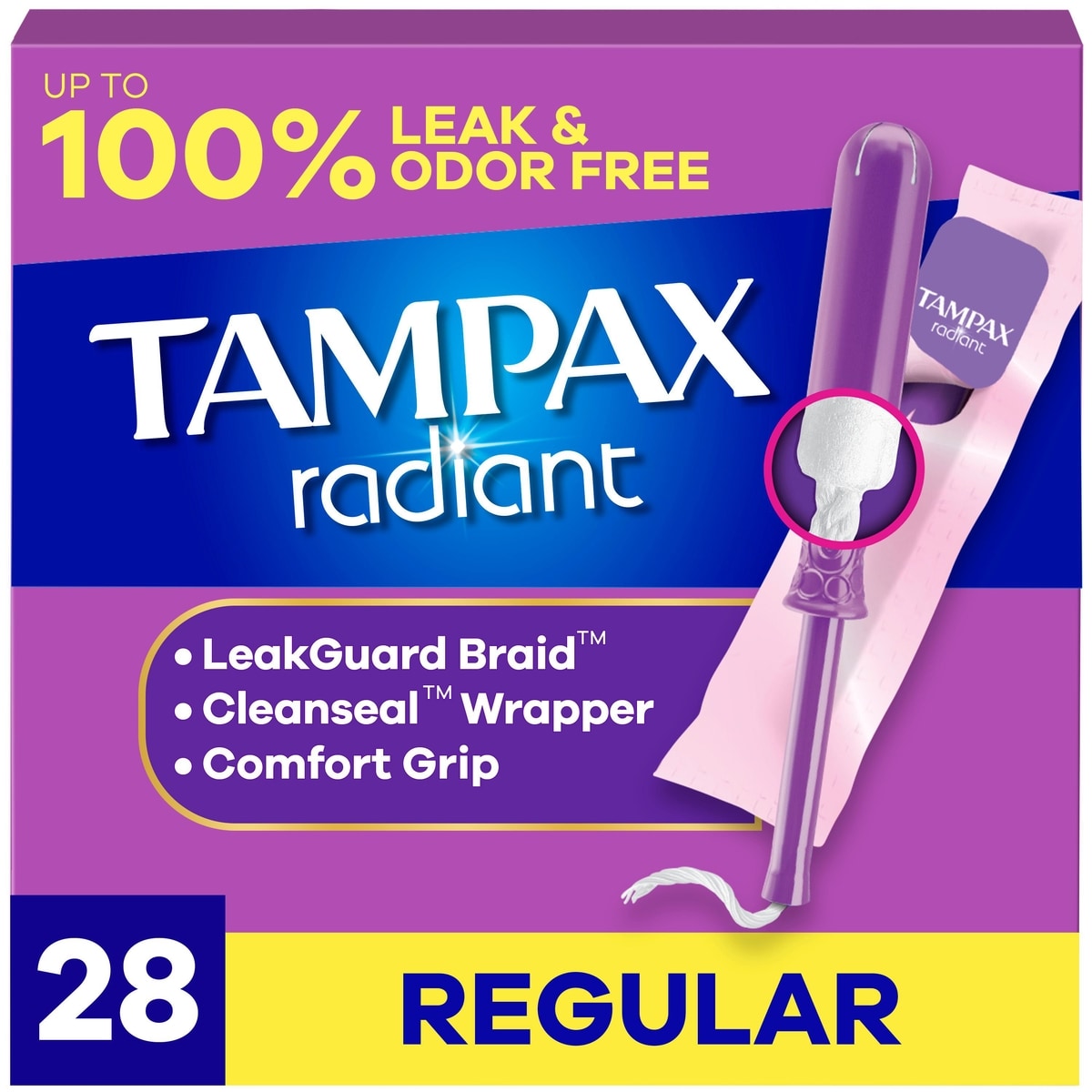 Radiant Tampons Regular Absorbency with BPA-Free Plastic Applicator and LeakGuard Braid, Unscented, 28 Count