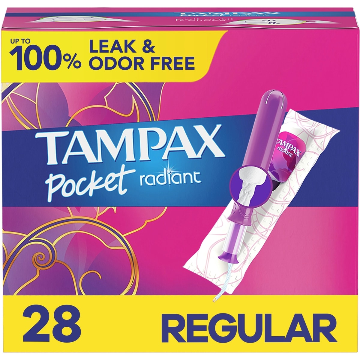 Tampons Tampax Pocket Radiant compacts avec tresse anti-fuites LeakGuard et applicateur en plastique sans BPA, régulier