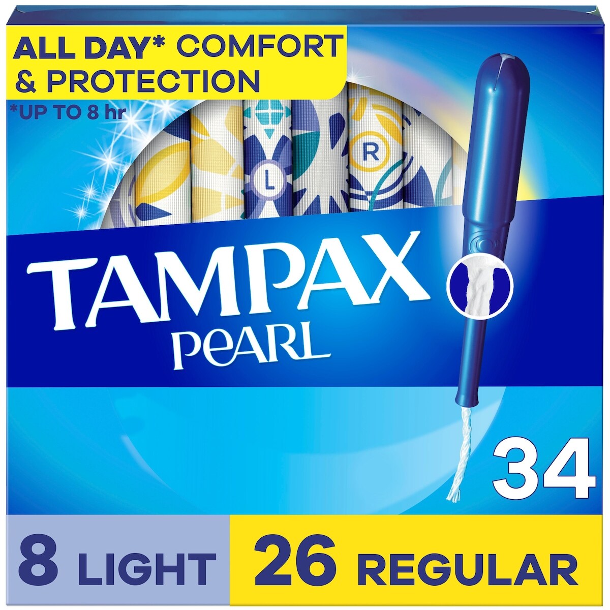 Tampons Pearl avec tresse anti-fuites LeakGuard, emballage duo, degré d’absorption léger/régulier, non parfumés, 34 tampons