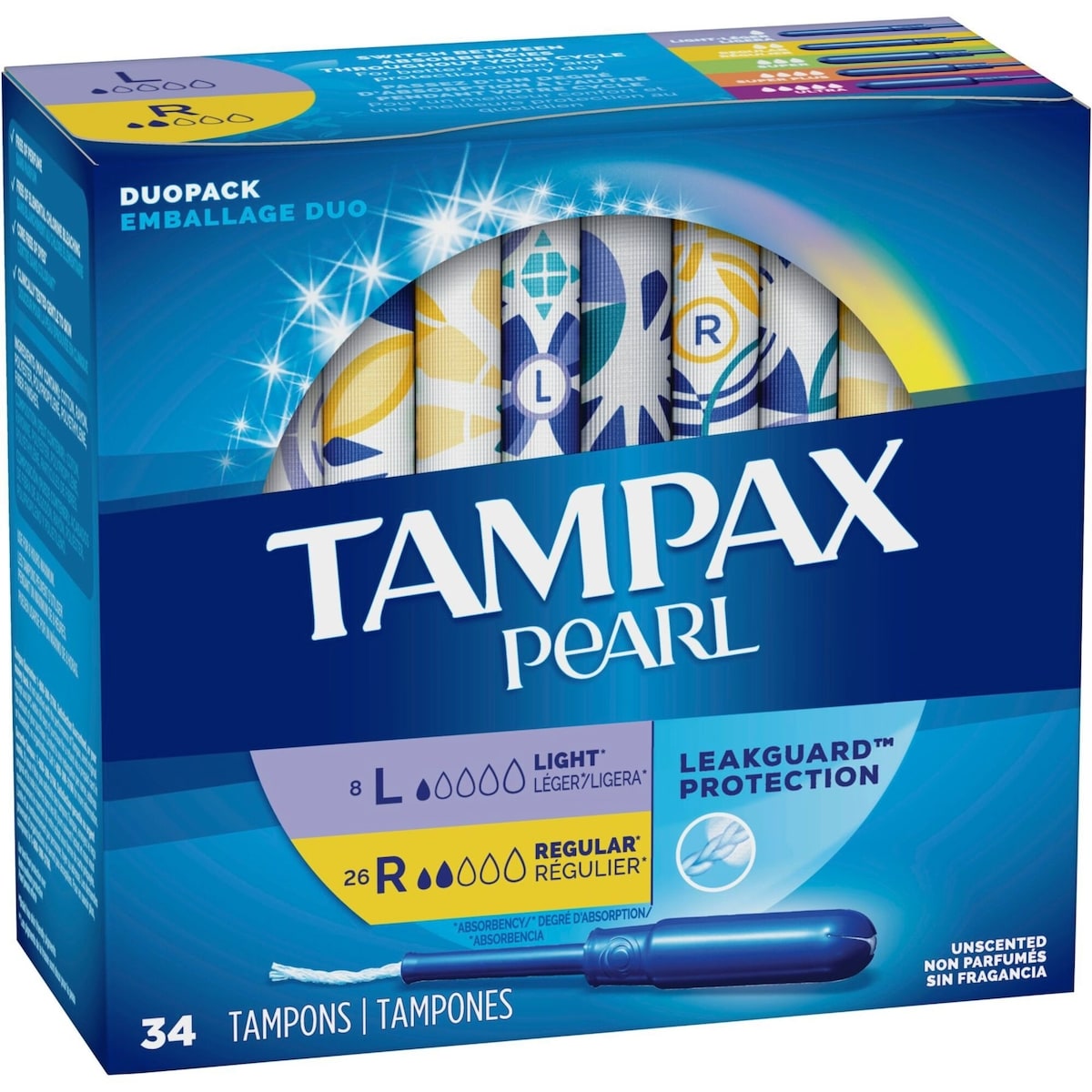 Tampons Tampax Pearl avec tresse anti-fuites LeakGuard, emballage duo, degré d’absorption léger/régulier, non parfumés, 34 tampons