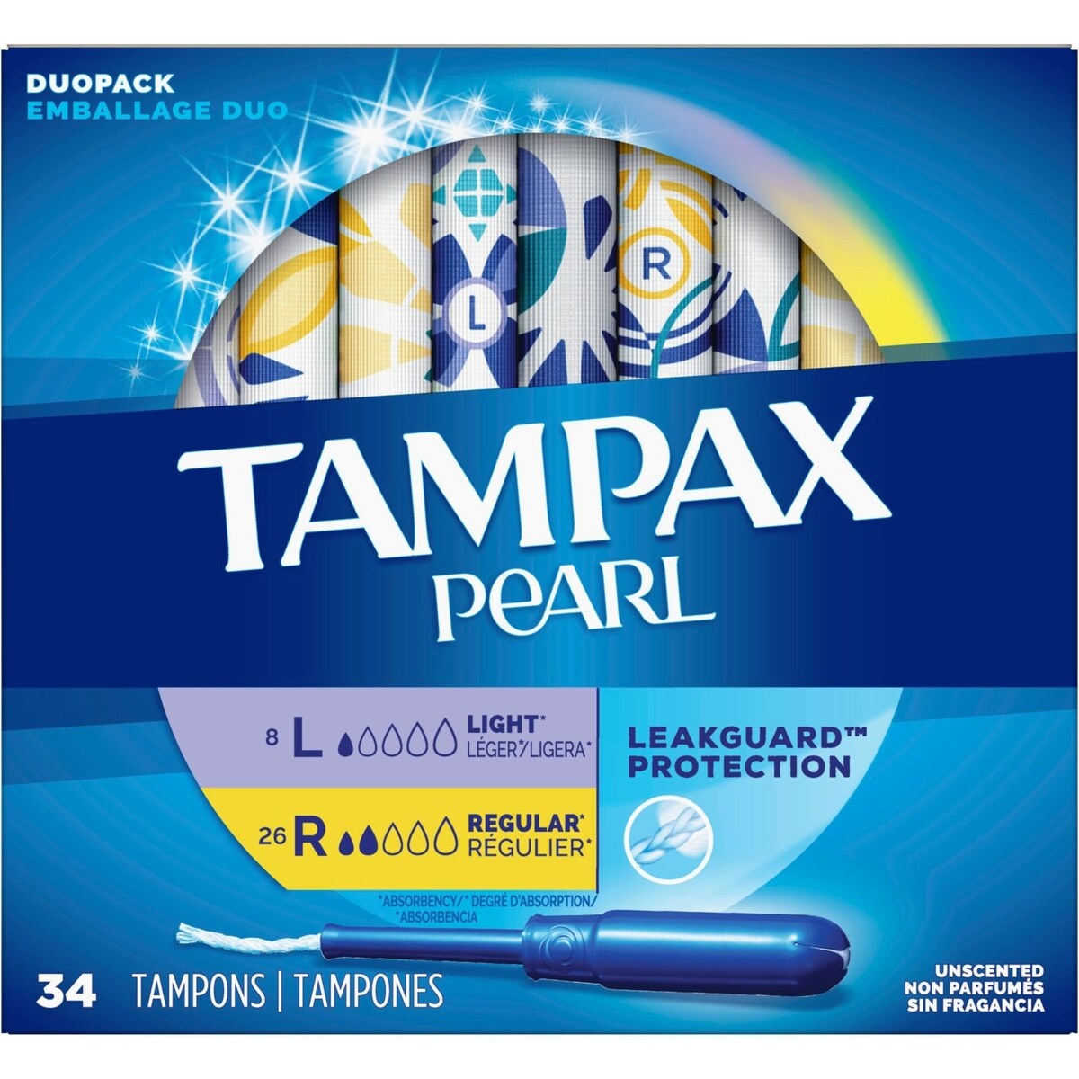 Tampons Tampax Pearl avec tresse anti-fuites LeakGuard, emballage duo, degré d’absorption léger/régulier, non parfumés, 34 tampons