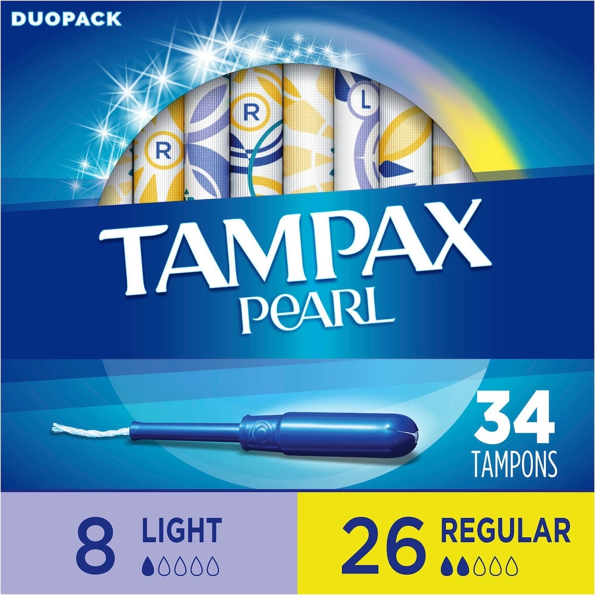 Tampons Tampax Pearl avec tresse anti-fuites LeakGuard, emballage duo, degré d’absorption léger/régulier, non parfumés, 34 tampons