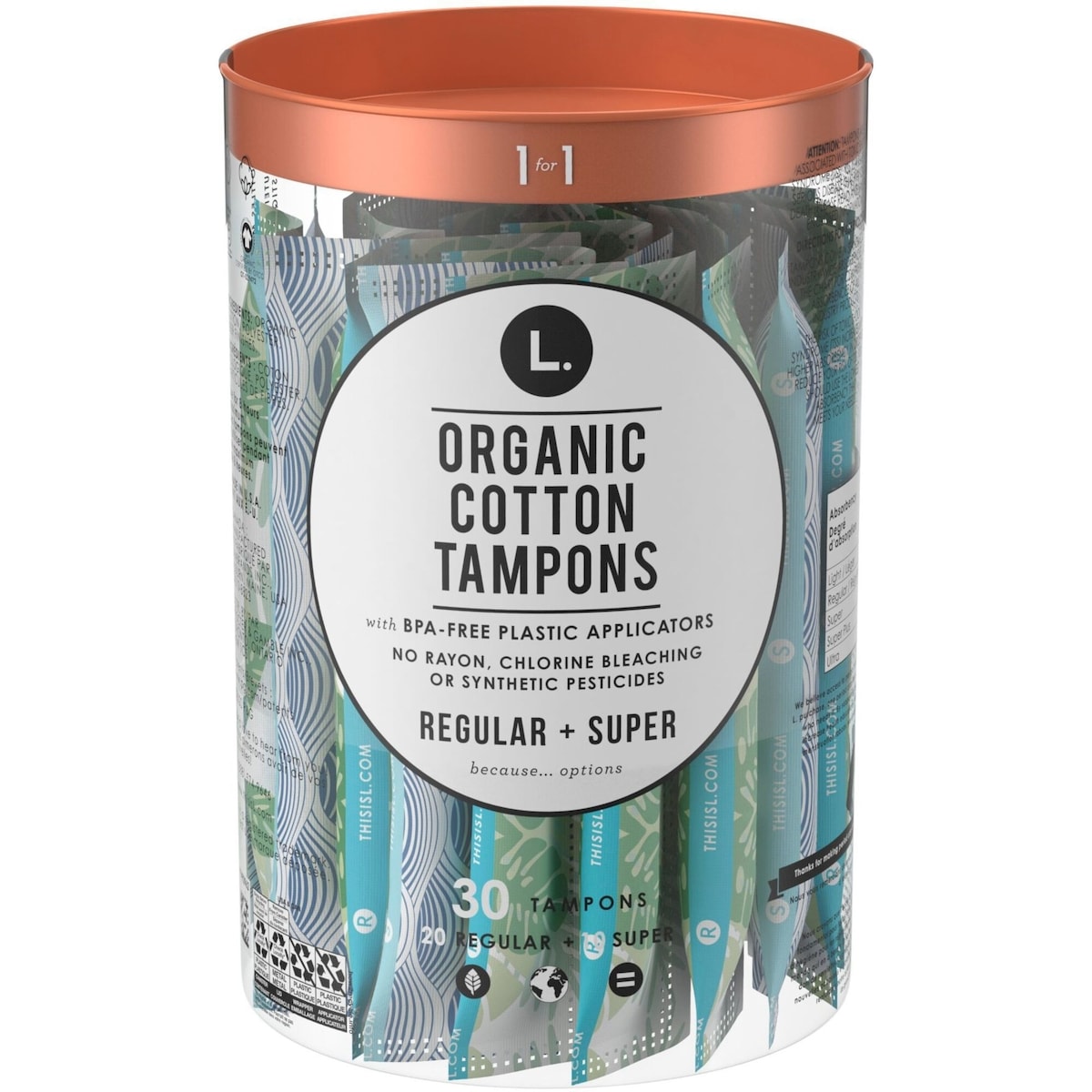 Tampons compacts en coton bio, applicateur plastique sans BPA L., duo régulier/super, sans blanchiment au chlore, pesticides, parfums, colorants, 30 u