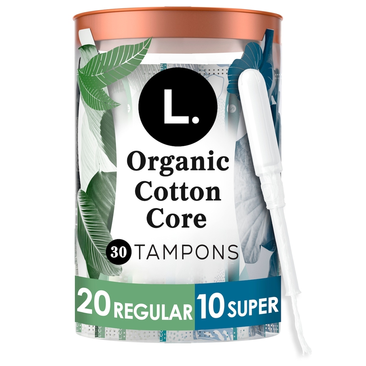 L. Organic Cotton Compact Tampons Regular/Super Absorbency Duo Pack, Free of Chlorine Bleaching, Pesticides, Fragrances, or Dyes, BPA-free Plastic Applicator, 30 Count