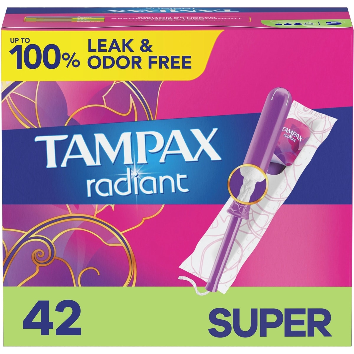 Tampons Tampax Radiant avec tresse anti-fuites LeakGuard, degré d’absorption super