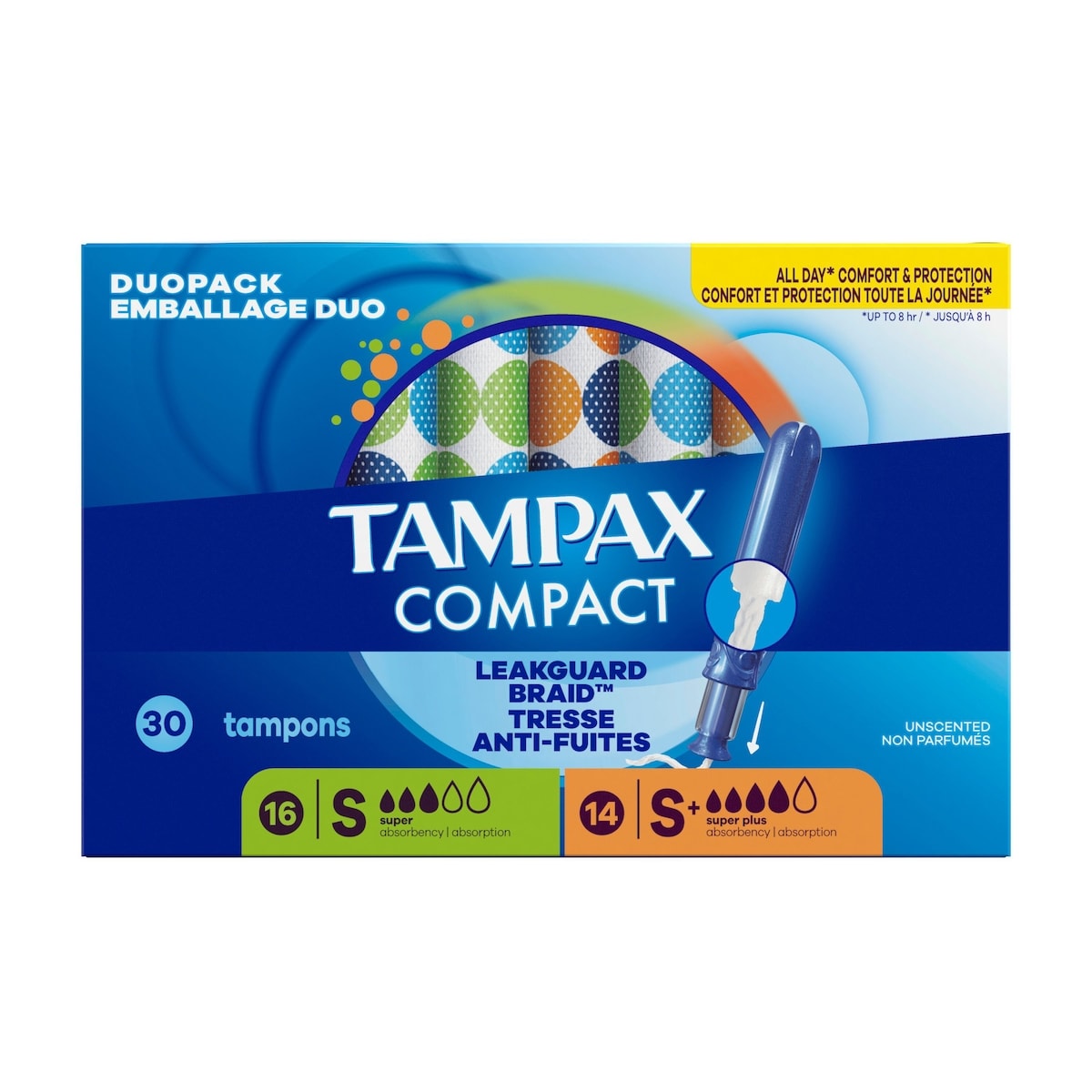 Compact Pearl Tampons Multipack, with LeakGuard Braid & Extendable Applicator, Regular/Super/Super Plus Absorbency, Compact Extendable Applicator