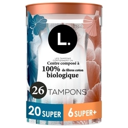 Tampons, fabriqués à partir de coton biologique, degré d’absorption super/super plus, emballage multiple, sans pesticides synthétiques, rayonne ni parfums, 26&nbsp;U 1
