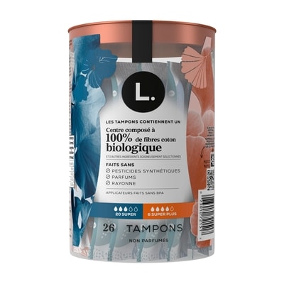 Tampons, fabriqués à partir de coton biologique, degré d’absorption super/super plus, emballage multiple, sans pesticides synthétiques, rayonne ni parfums, 26&nbsp;U 2