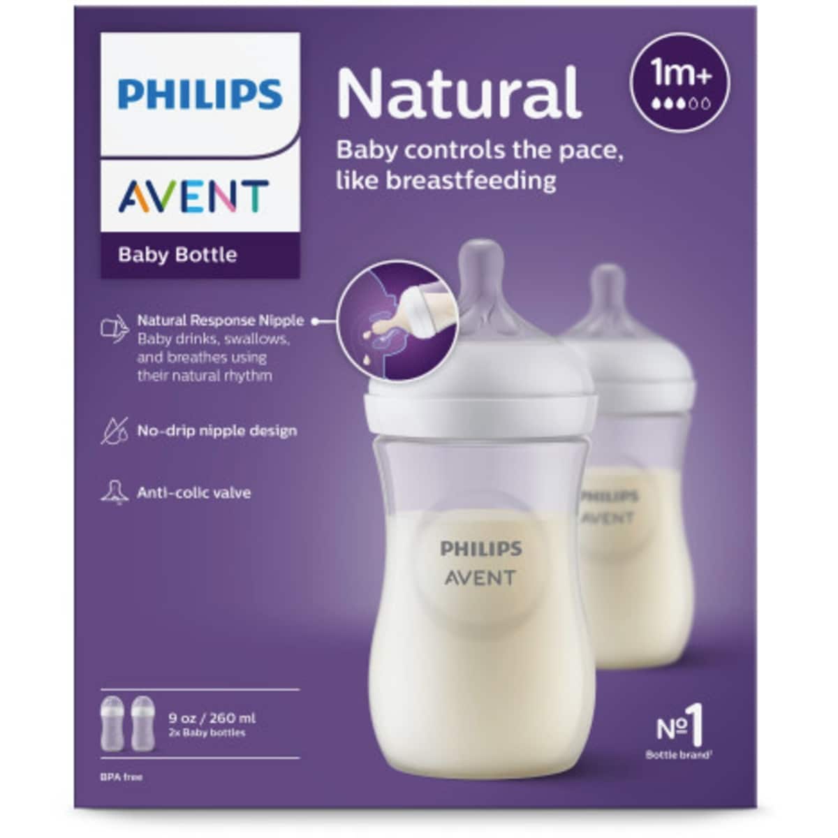 Biberon naturel Philips Avent avec tétine Natural Response, transparent, 9oz, 2pk, SCY903/02