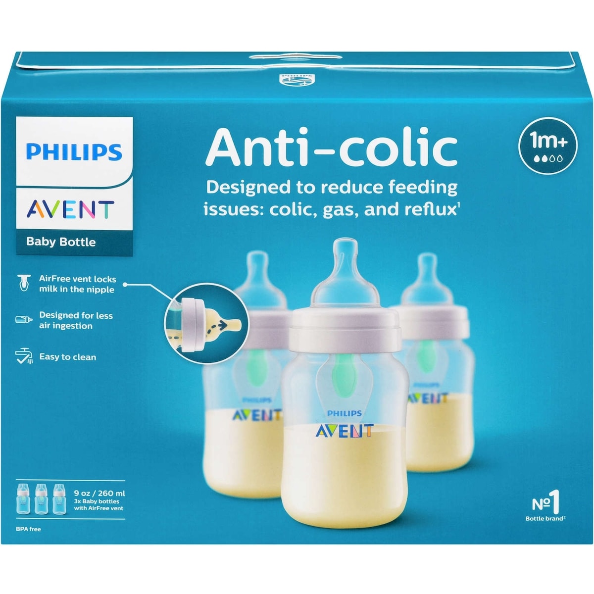 Biberon anti-colique Philips Avent avec évent AirFree, 9oz, 3pk, transparent, SCY703/03