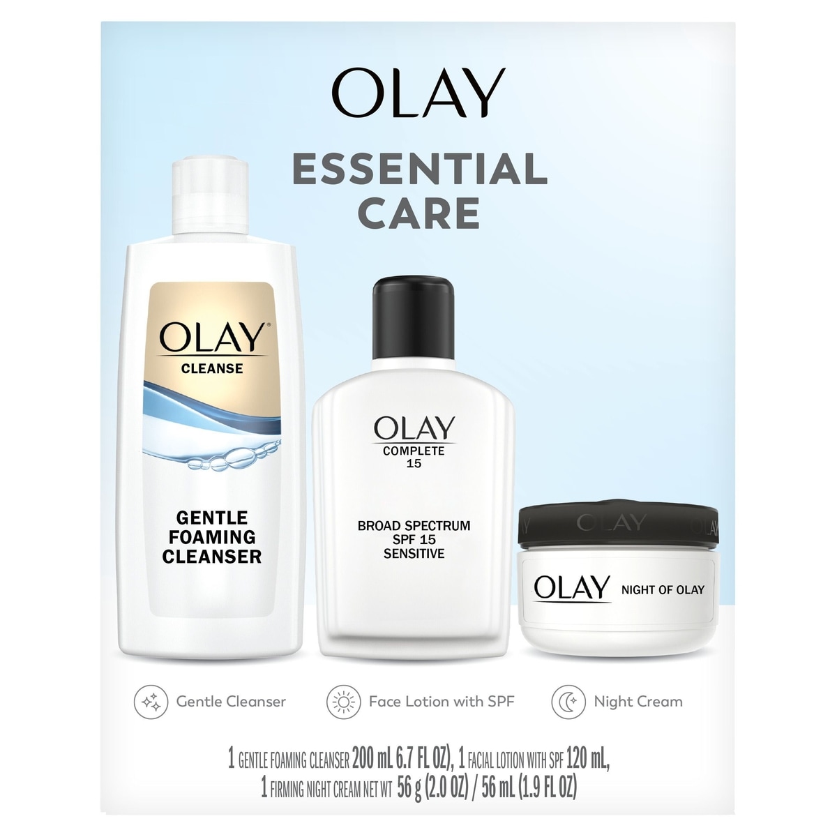 Essential Care Kit, Skincare Gift Set, 3pc, Face Cleanser, Face Lotion with SPF, Night Cream