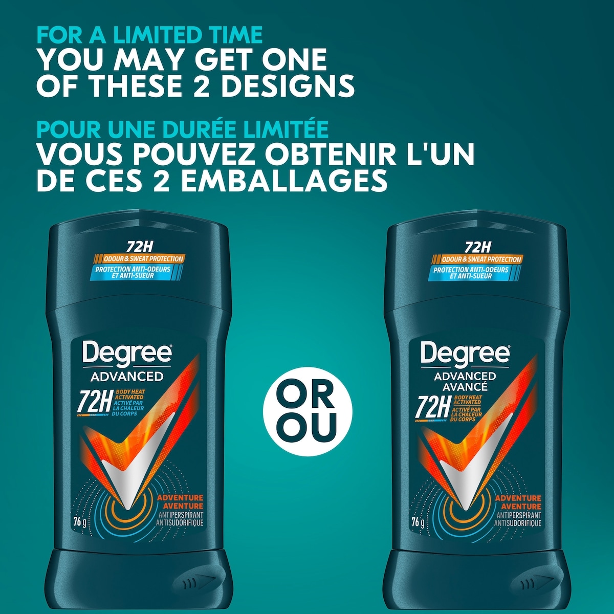 Degree Men Advanced Antisudorifique en Bâton pour 72 h de protection anti-sueur et anti-odeurs Aventure désodorisant avec technologie motionsense 76 g