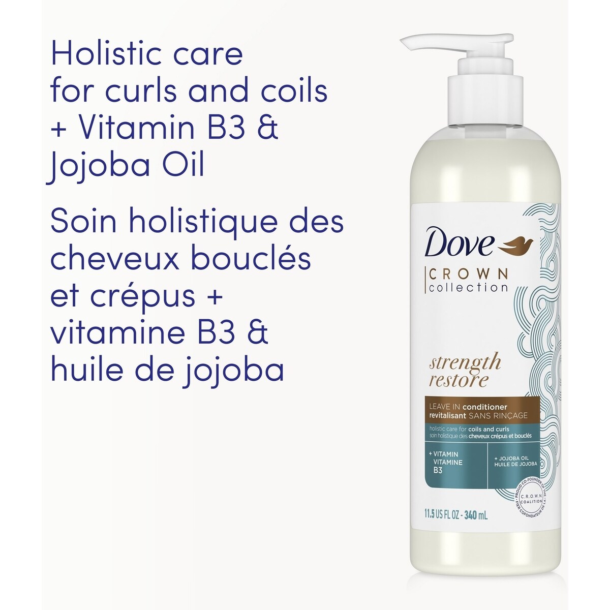 Revitalisant Sans Rinçage pour les cheveux crépus et bouclés CROWN Collection Strength Restore avec vitamine B3 et huile de jojoba