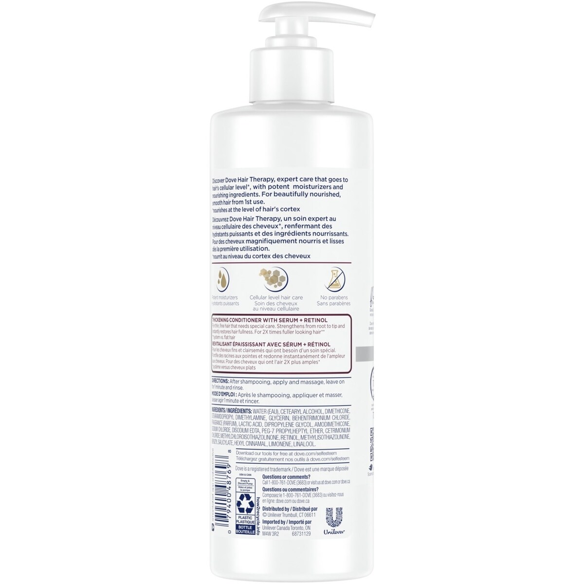 Revitalisant pour cheveux fins et clairsemés Dove Hair Therapy Strength & Fullness Boost pour des cheveux visiblement 2X plus amples et plus épais 400 ml