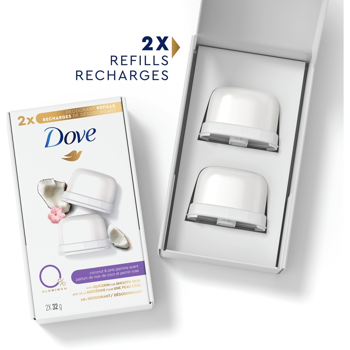 Dove 0% Aluminum Deodorant Stick Refill Kit for 48 hour odour protection Coconut & Pink Jasmine aluminum-free deodorant for women 32 g pack of 2
