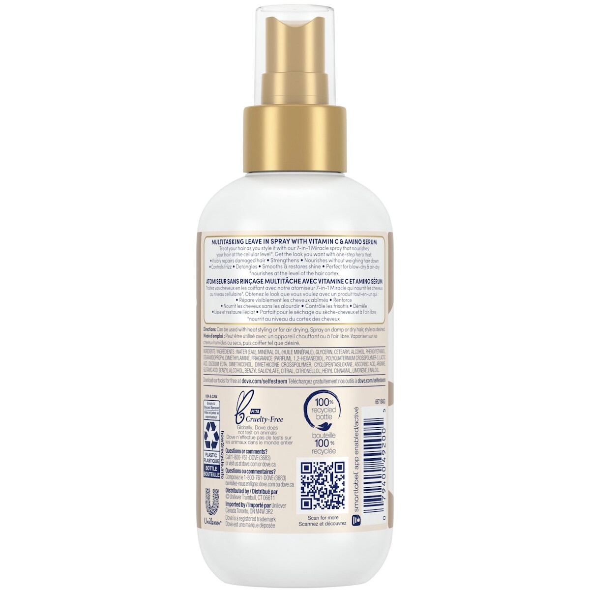 Brume Miracle multitâche 7 en 1 atomiseur sans rinçage Dove Hair Therapy + Vitamine C et Amino Sérum pour fortifier et nourrir les cheveux 222 ml