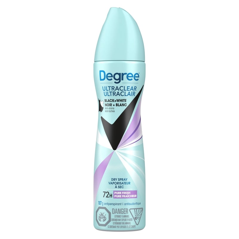 UltraClear Black+White Dry Spray Antiperspirant Deodorant for Women with 72H Sweat & Odour Protection Pure Fresh Anti Yellow Stains and White Marks, 107g