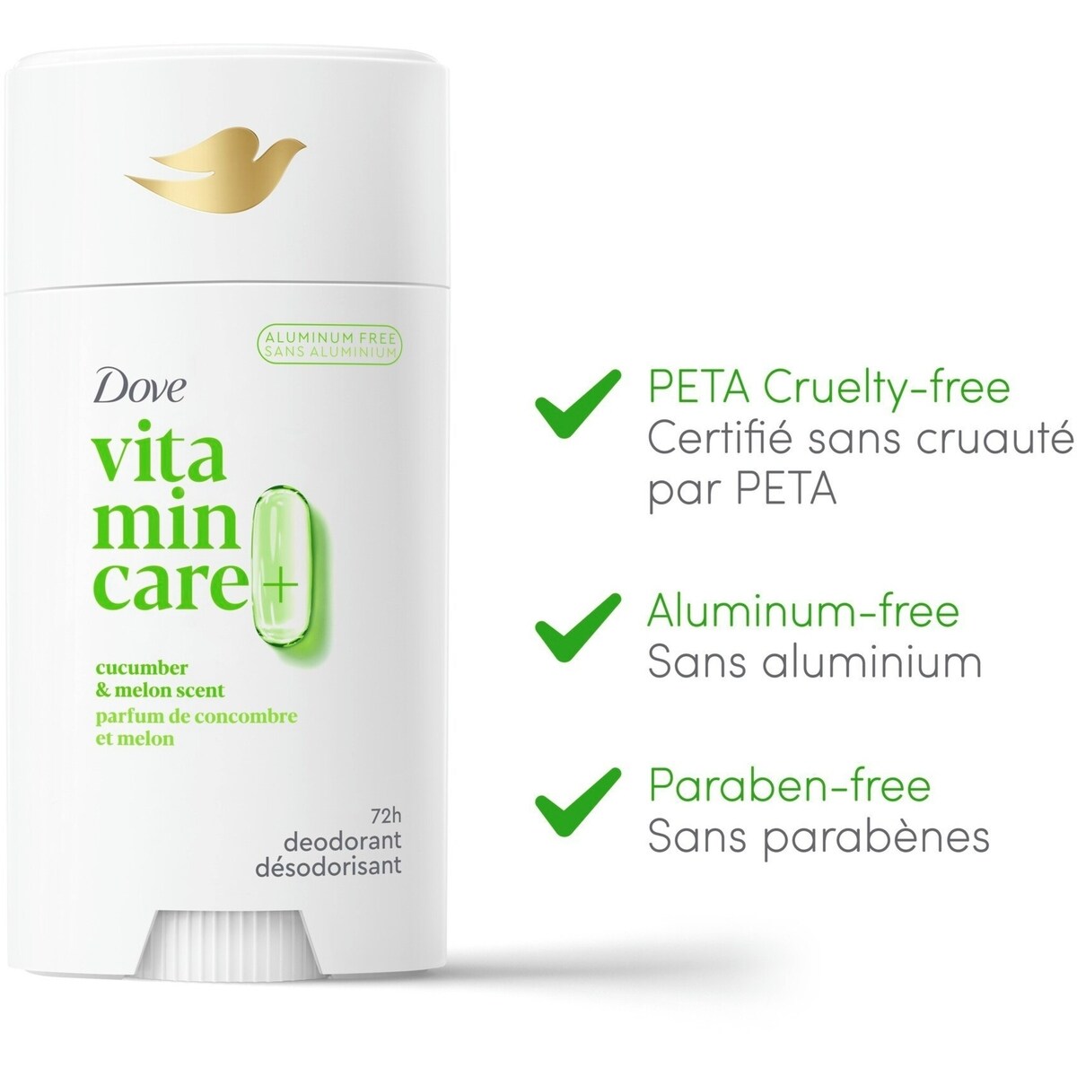 Désodorisant Sans Aluminium parfum de concombre et melon Dove Vitamin Care+ 72 h de protection anti-odeur respirante avec vitamines B3 + E