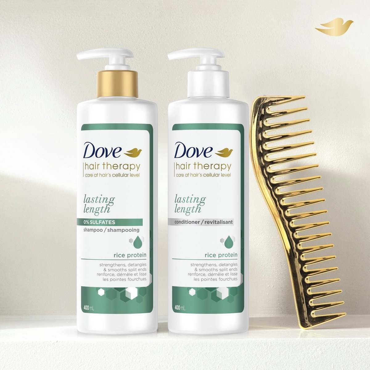 Shampooing pour démêler et lisser les pointes fourchues Dove Hair Therapy Lasting Length shampooing fortifiant pour cheveux endommagés avec protéine de riz