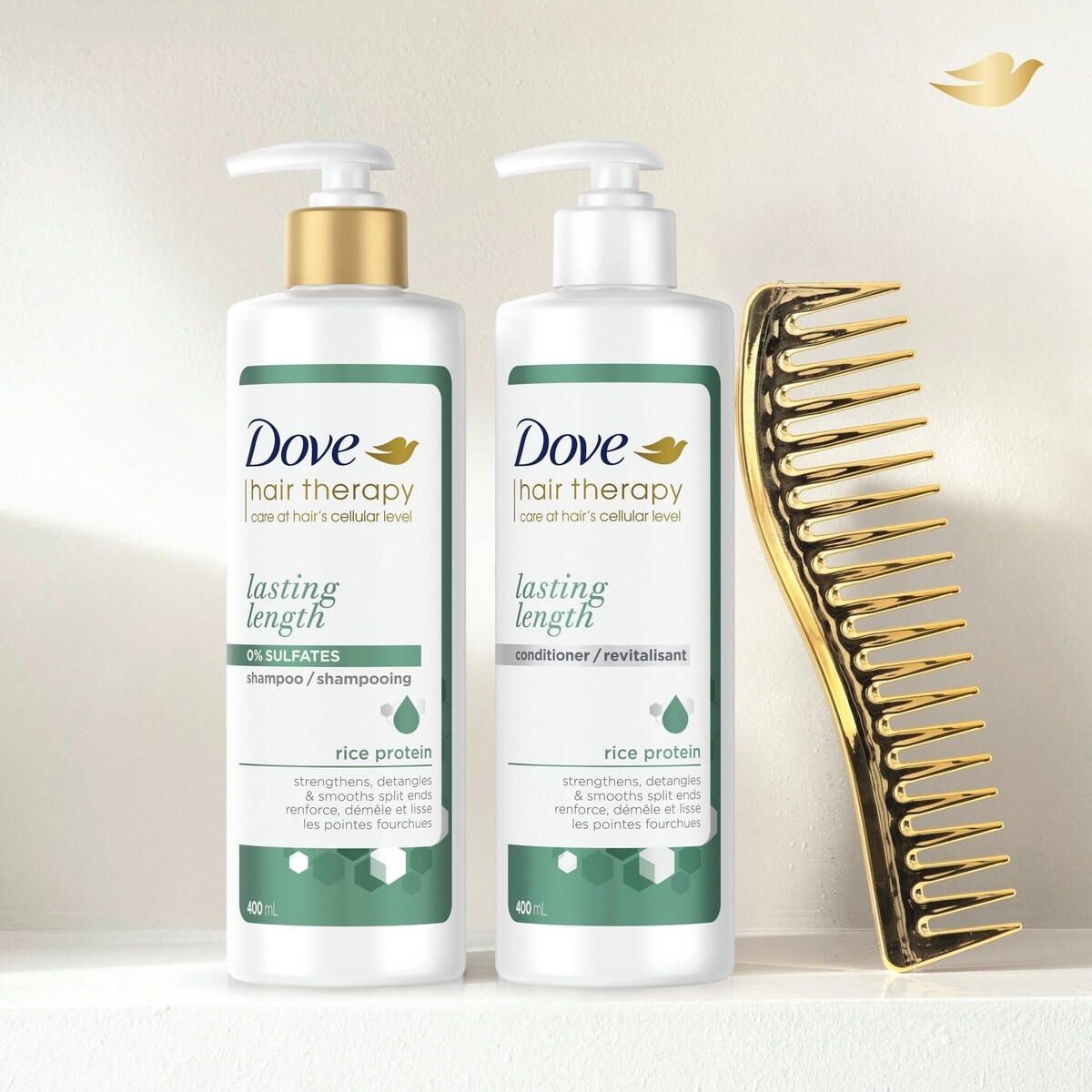Revitalisant pour démêler et lisser les pointes fourchues Dove Hair Therapy Lasting Length revitalisant fortifiant pour cheveux endommagés avec protéine de riz