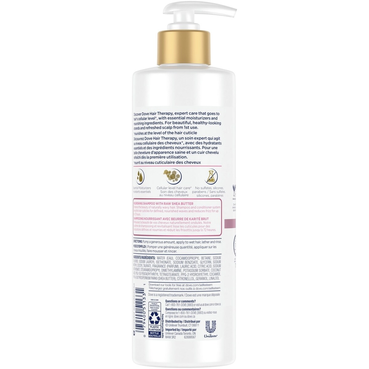 Shampooing pour cheveux ondulés Dove Hair Therapy Endless Waves shampooing hydratant avec beurre de karité brut pour jusqu'à72 h de définition