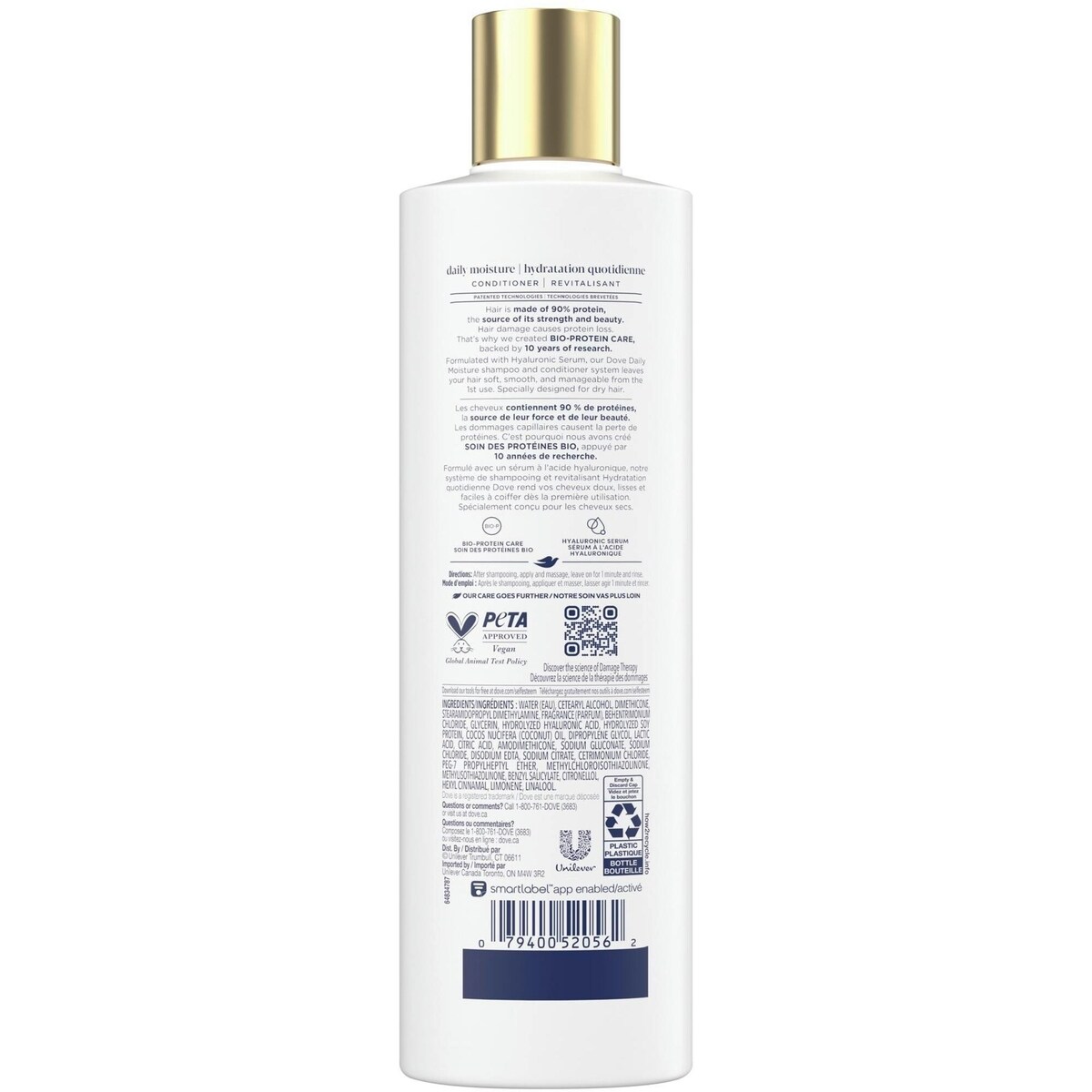 Revitalisant pour Cheveux Secs Dove Hydratation Quotidienne avec Soin Bio Protéine Liquide et Sérum d'Acide Hyaluronique