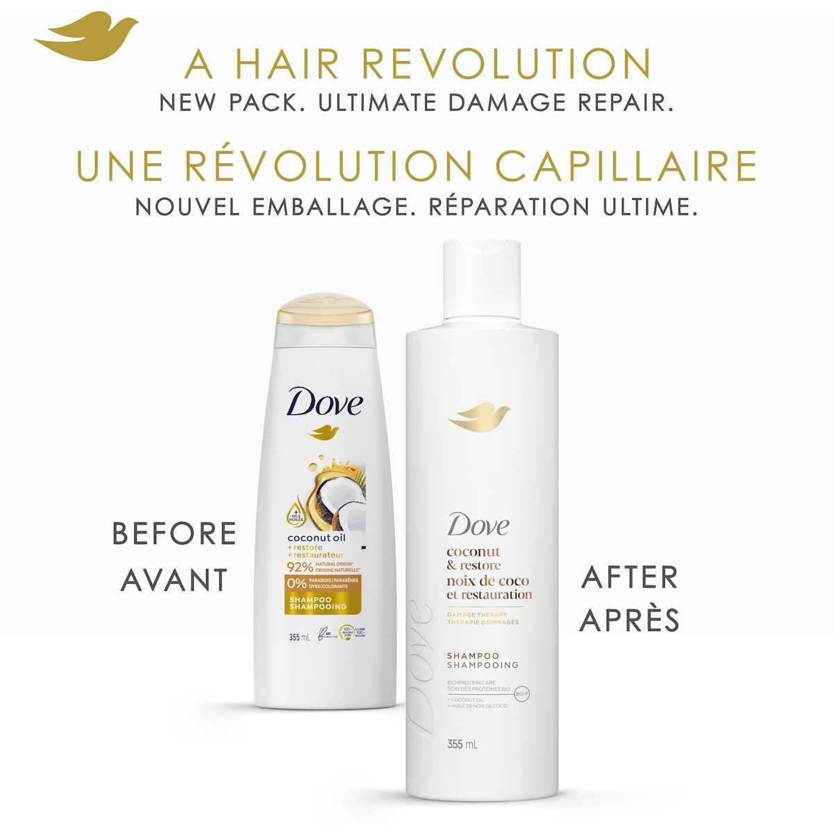 Shampoing pour Cheveux Abîmés, Dove Huile de Coco & Restauration  avec Soin Bio-Protéine Liquide, 355 ML