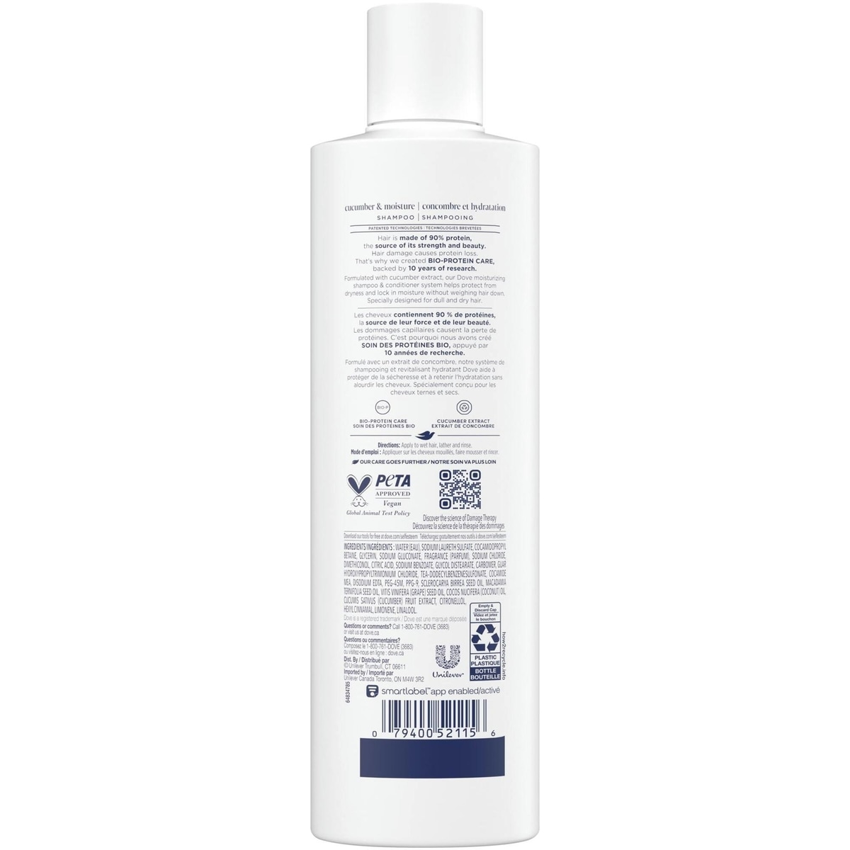 Shampooing pour Cheveux Ternes et Secs, Dove Concombre Hydratant avec Soin Bio-Protéine Liquide