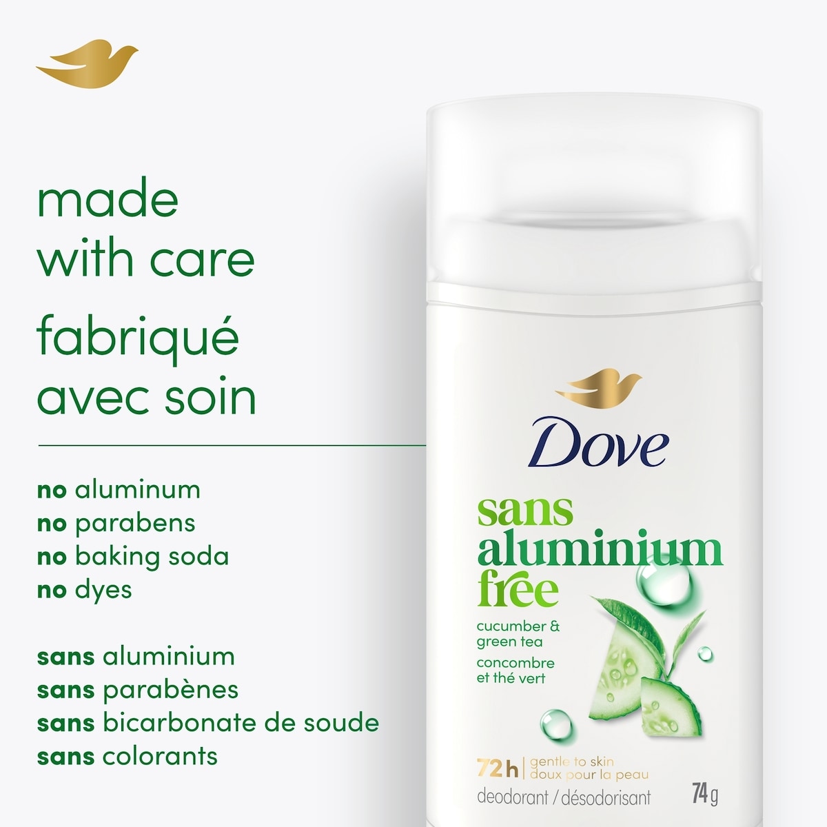 Deodorant Stick, 72h Cucumber & Green Tea, Gentle & Hydrating, 74g