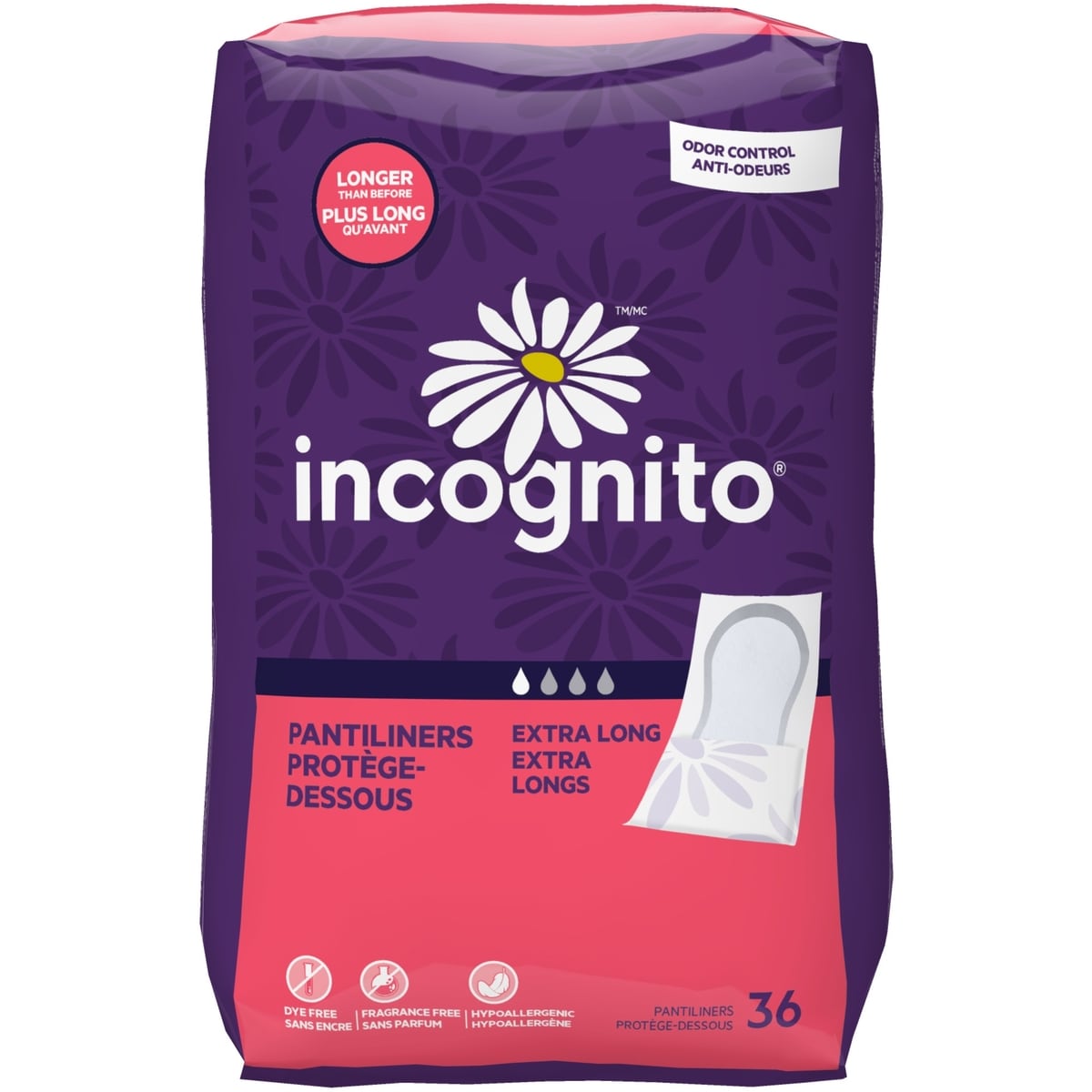 Extra long Incognito pantiliners with odor control
