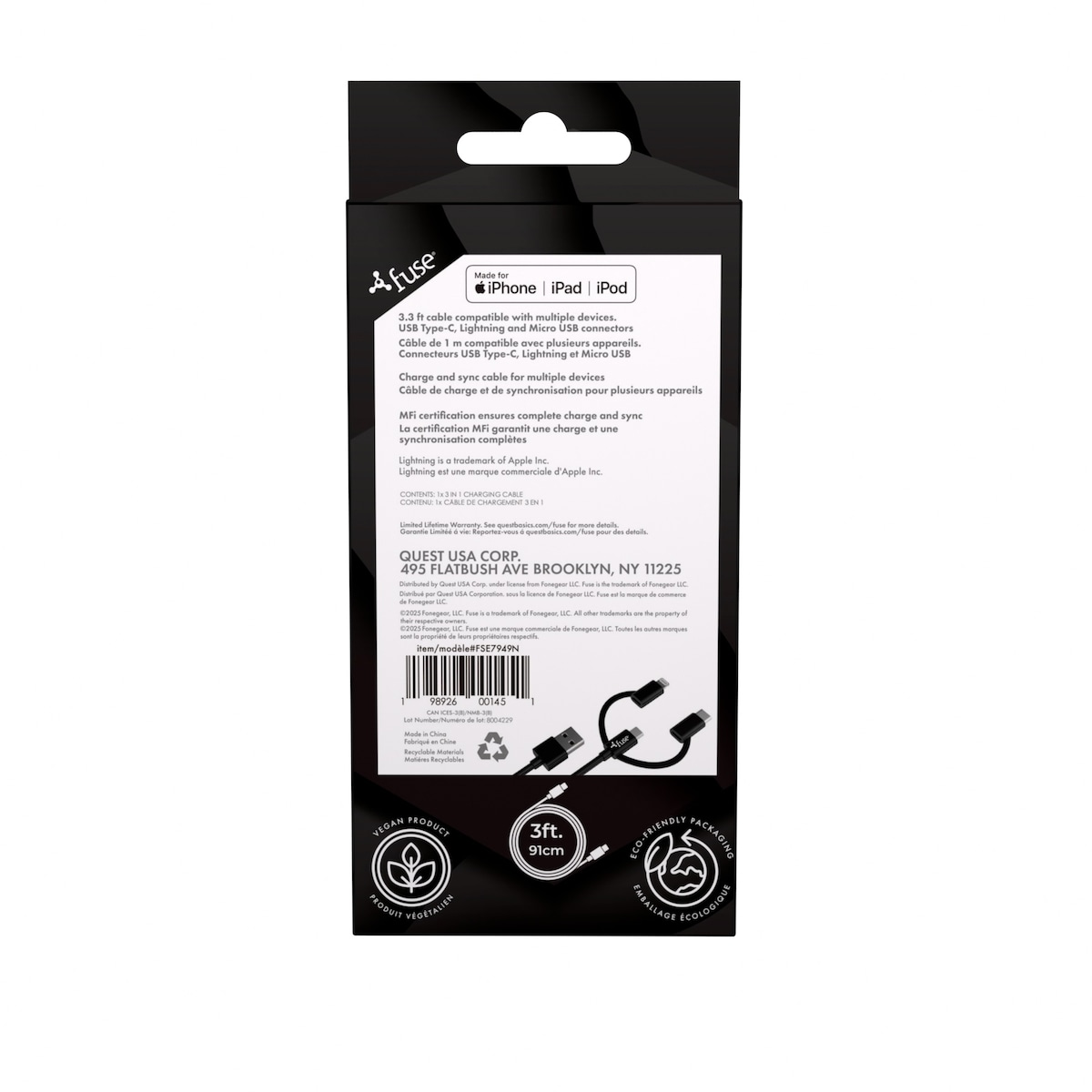 3Ft 3 In 1 Charge/Sync Cable - Black