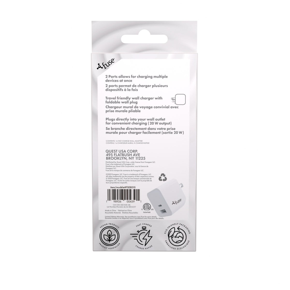 Adaptateur mural 20 W à double port (USB-C et USB-A) – Blanc