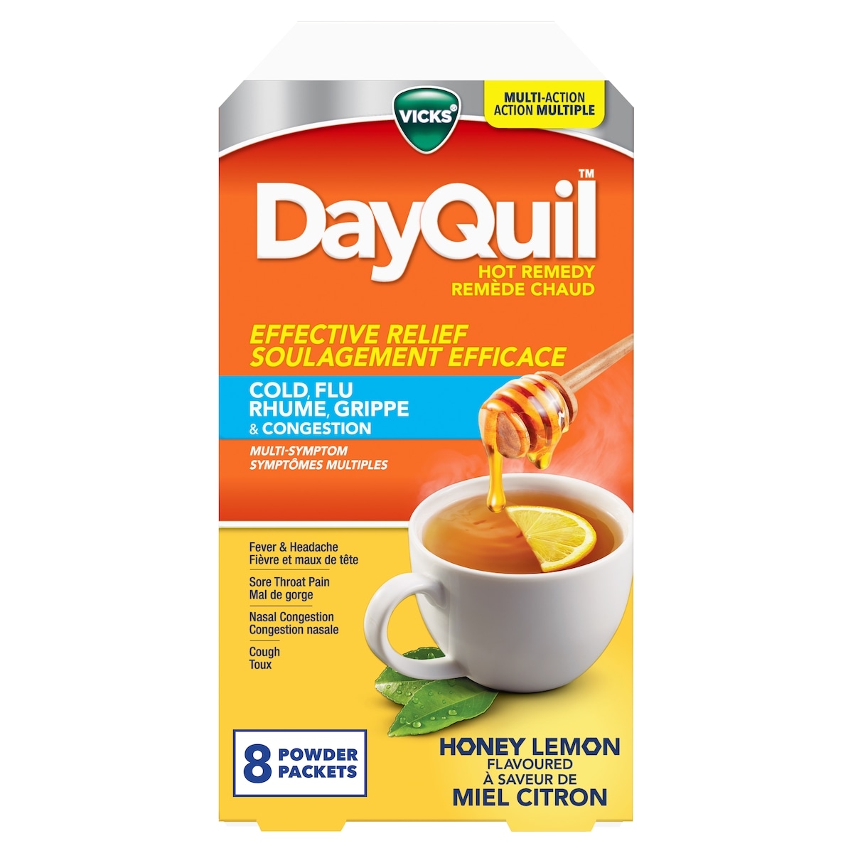 Remède chaud DayQuil, soulage les symptômes du rhume, grippe, congestion, soulagement de jour, sans somnolence pour fièvre et maux de tête, mal de gorge,  congestion nasale, toux, action multiple, saveur miel citron