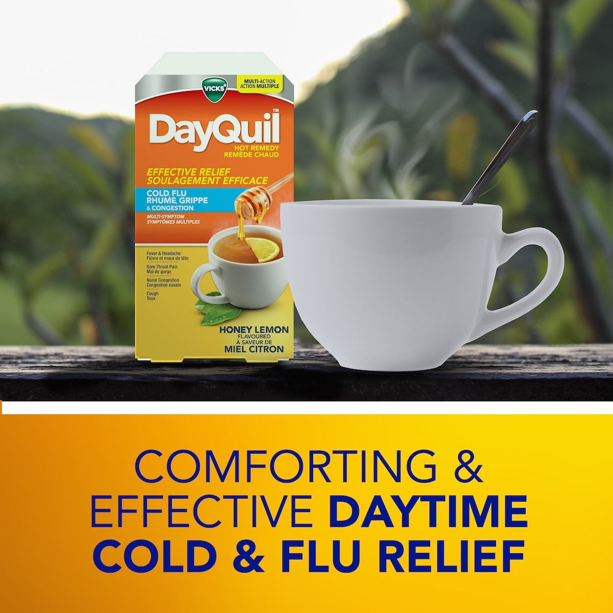 DayQuil Hot Remedy Cold, Flu & Congestion Medicine, Daytime, Non-Drowsy Relief for Fever & Headache, Sore Throat Pain, Nasal Congestion, Cough, Multi-Action, Honey Lemon Flavoured