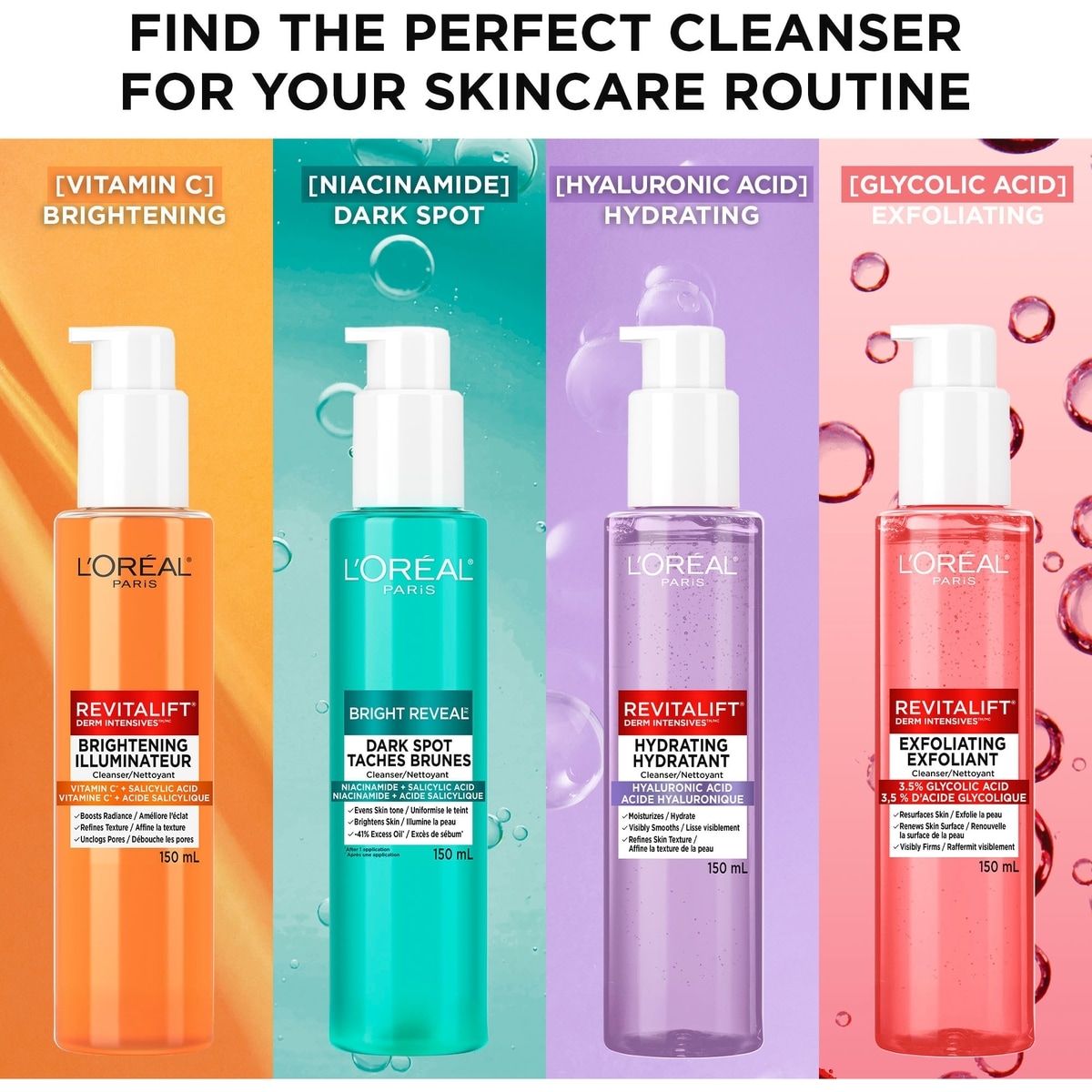 L'Oréal Paris Bright Reveal Nettoyant quotidien pour taches brunes, formulé avec du niacinamide et de l'acide salicylique pour unifier et lisser visiblement la peau, sans parfum, pour toutes les teintes de peau, 150ml
