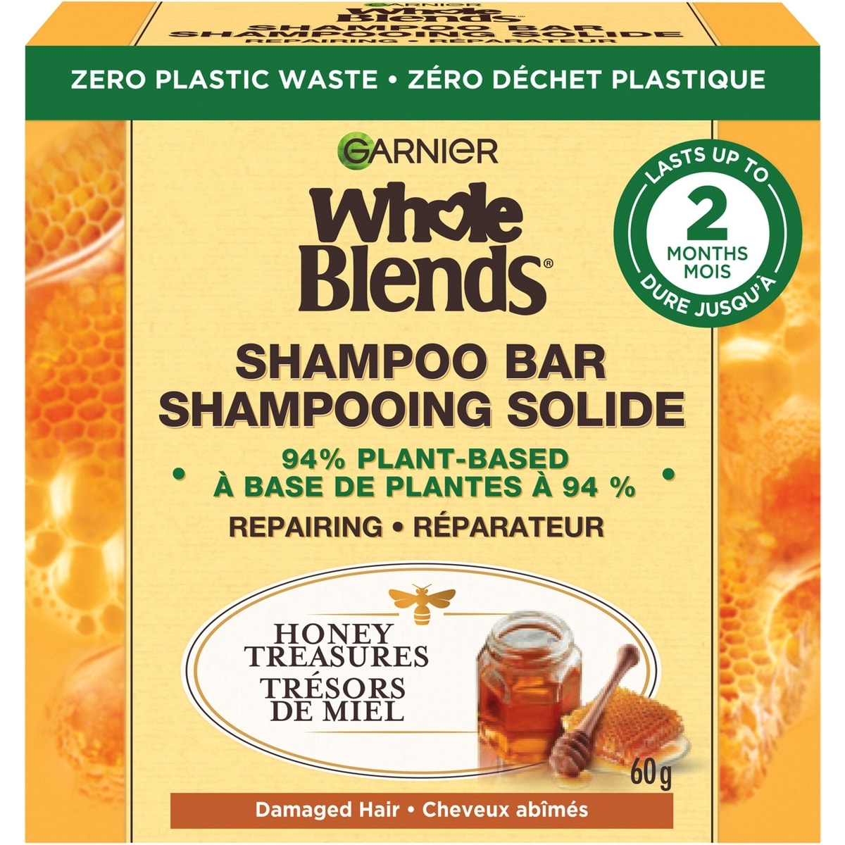 Garnier Whole Blends Shampooing Solide réparateur Trésors de Miel pour cheveux abîmés, Emballage zéro plastique,  sans agents de conservation, sans silicone, sans savon ni pigments, avec miel et cire d'abeille, 60G