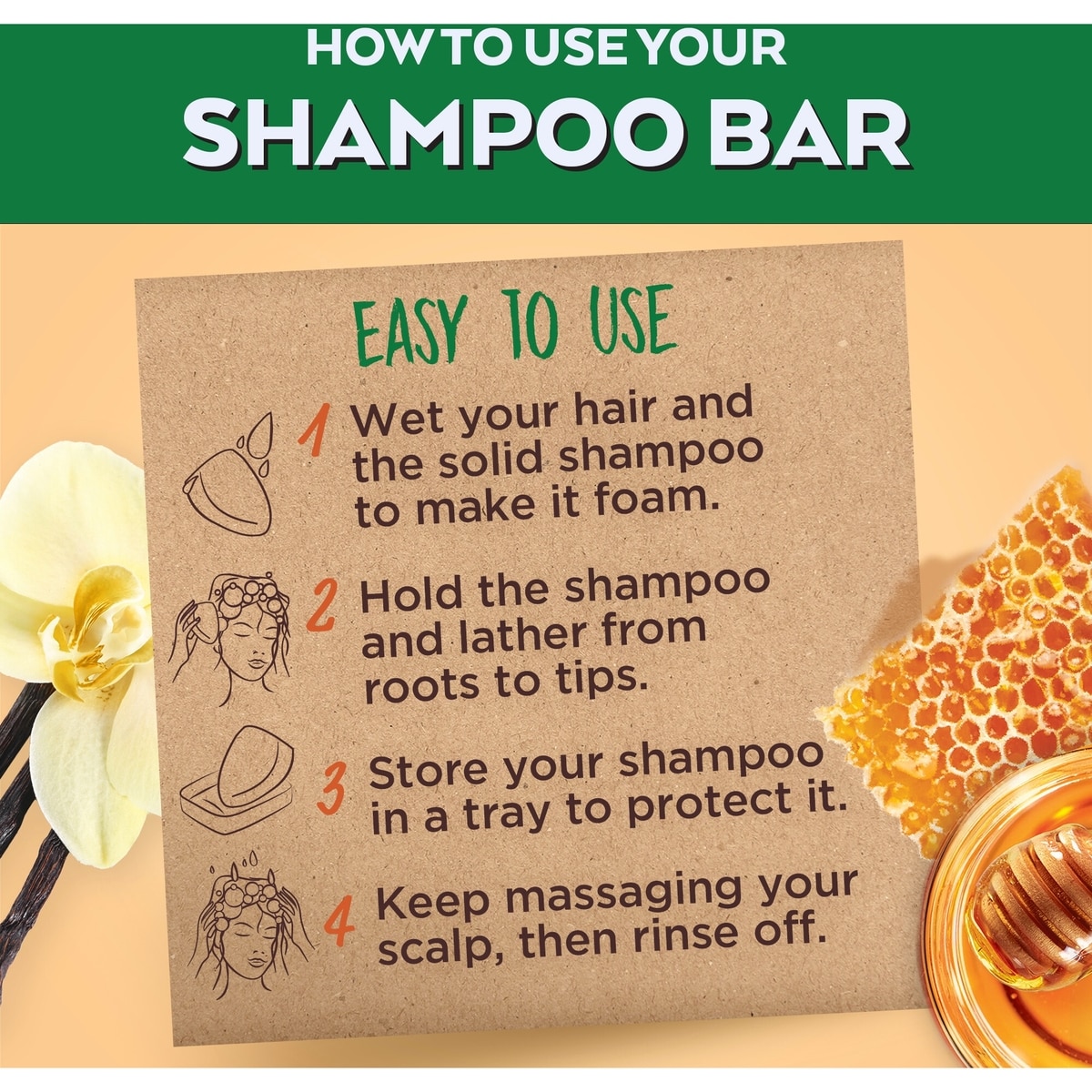 Garnier Whole Blends Shampooing Solide réparateur Trésors de Miel pour cheveux abîmés, Emballage zéro plastique,  sans agents de conservation, sans silicone, sans savon ni pigments, avec miel et cire d'abeille, 60G