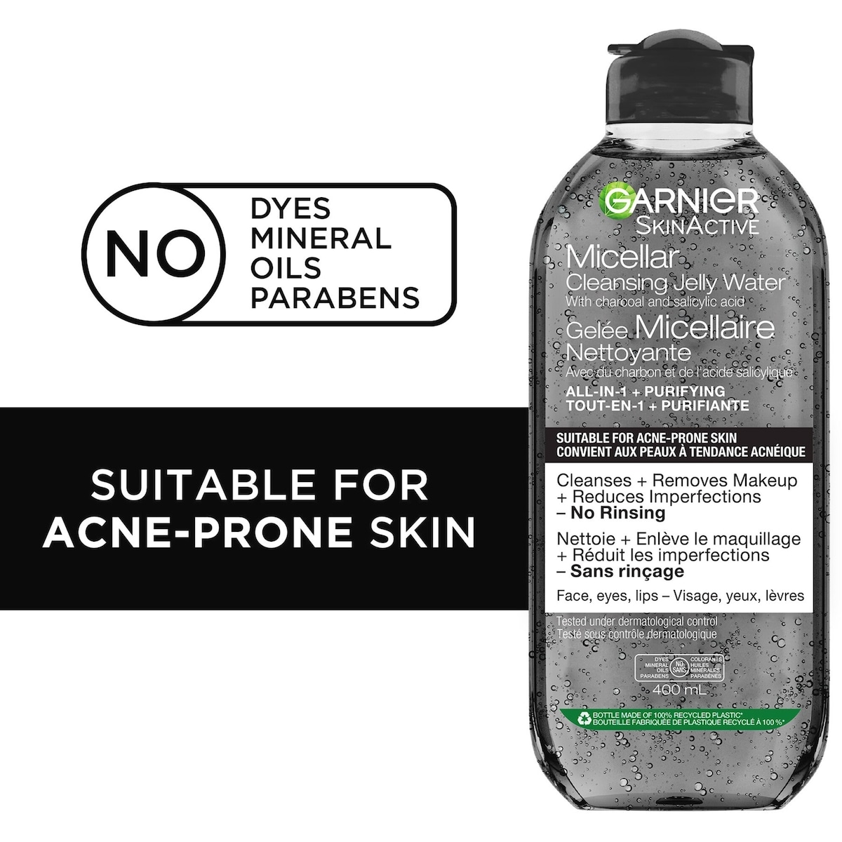 Garnier SkinActive Eau Micellaire Nettoyante et Démaquillante en Gel au Charbon & Acide Salicylique, Peaux Acnéiques, Nettoyant tout-en-1
