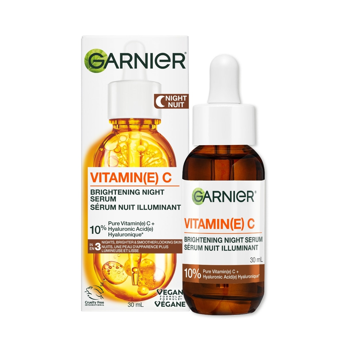 Garnier SkinActive Sérum de Nuit à la Vitamine-C, avec Acide Hyaluronique, Éclaircit & Lisse la Peau en 3 Nuits, pour tous les Types de Peau, même Sensible - 30ml