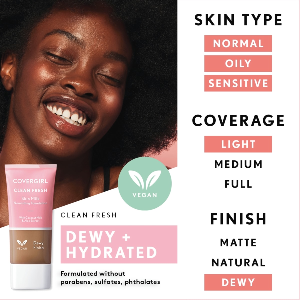 COVERGIRL - Fond de teint couvergance légère Clean Fresh, formulé sans parabènes, sulfates, huile minérale et talc. Enrichi en niacinamide, lait coco aloès, 100 % végétalien cruauté envers les animaux