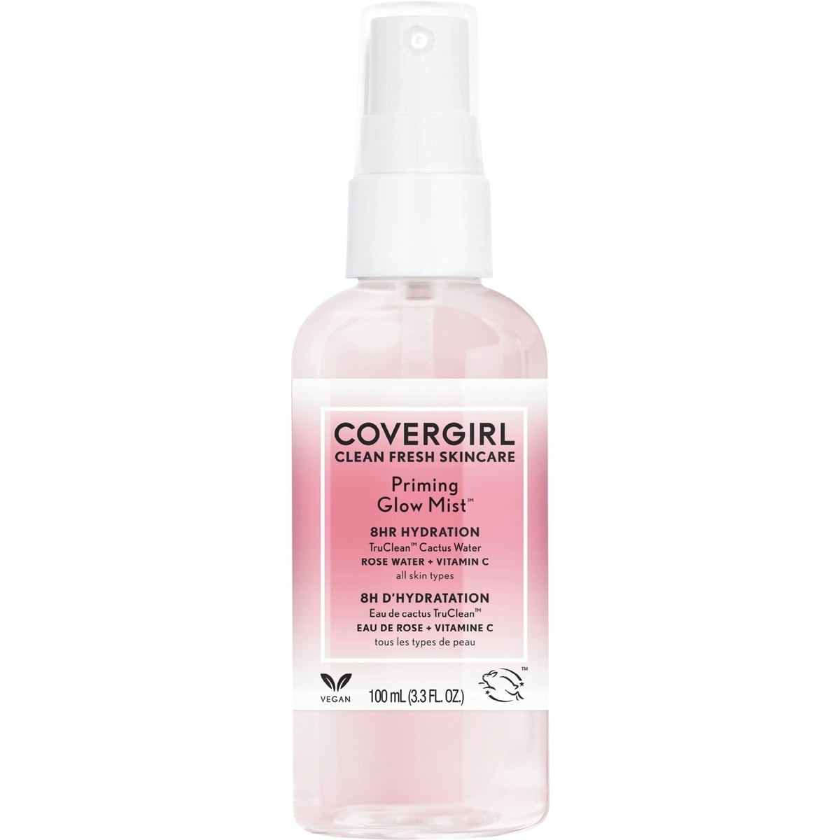Clean Fresh Skincare Priming Glow Mist™, brume avec eau de cactus, eau de rose et vitamine C pour 8h d'hydratation, 100 % Végétalienne et Sans Cruauté