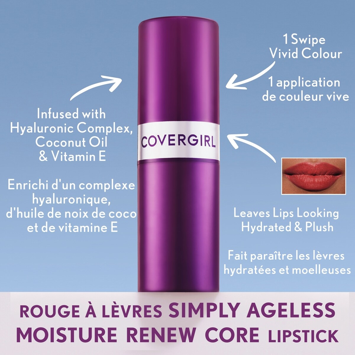 Simply Ageless Moisture Renew Core Lipstick Infused with Hyaluronic Complex, Coconut Oil & Vitamin E