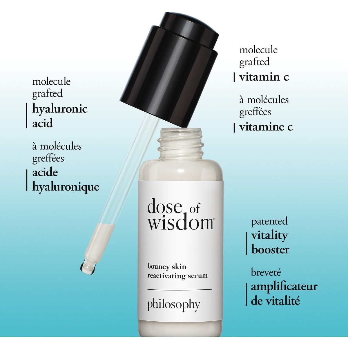 dose of wisdom™ bouncy skin reactivating serum in-depth hydration and collagen support loaded with oxygen, vitamin C hyaluronic acid