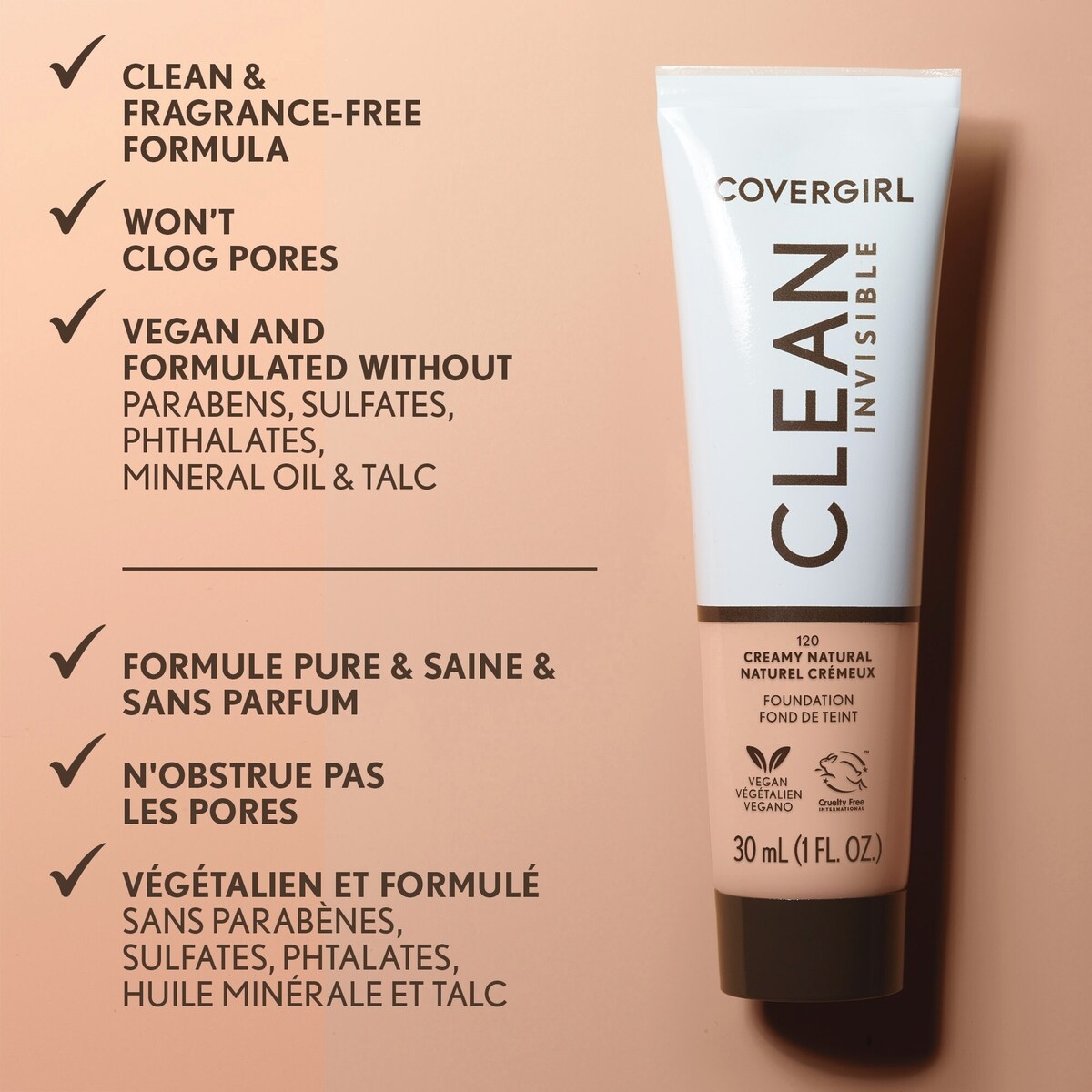 Clean Invisible, Fond de teint, Formule estompable, Couvrance modulable, Léger, Fini naturel, Non comédogène