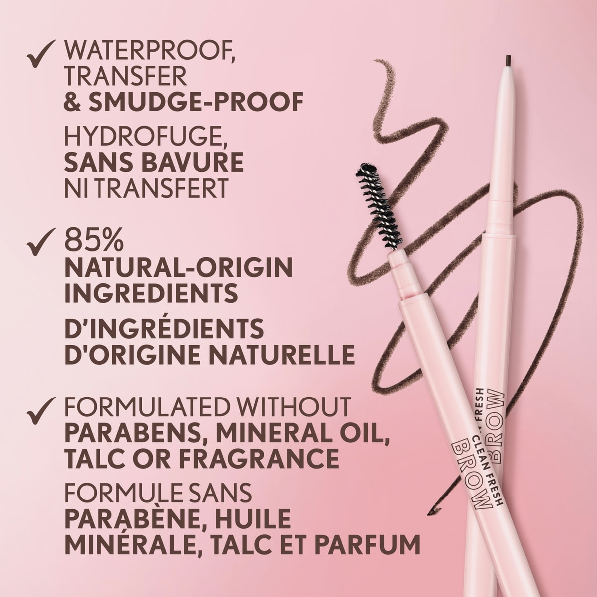 Clean Fresh Brow Nano Eyebrow Pencil, Ultra-Precise Tip, Waterproof, Transfer-Resistant, Built-In Spoolie, Vegan Formula