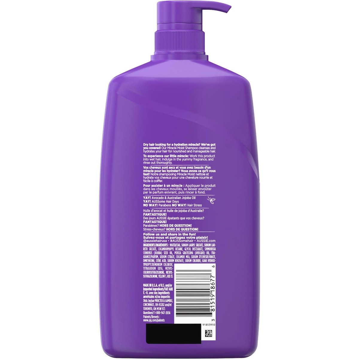 Shampooing Aussie Miracle Moist avec huiles d’avocat et de jojoba pour cheveux secs, sans parabènes, 778 mL