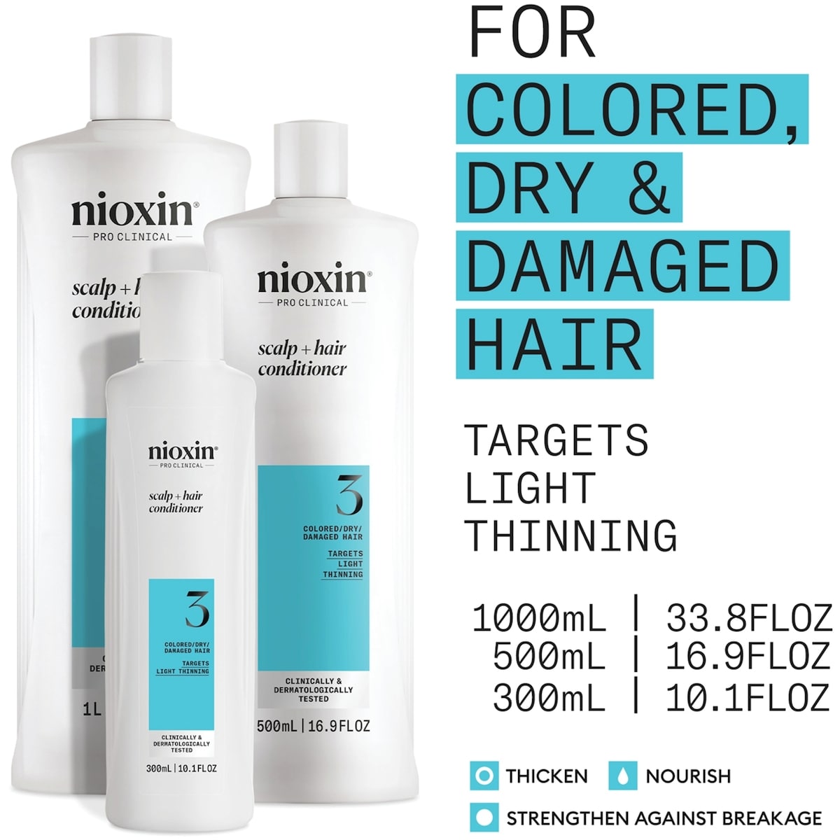Nioxin System 3 Scalp + Hair Thickening Conditioner for Damaged with Light Thinning, 1L