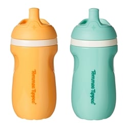 Insulated Sporty Spout Bottle, 9oz, No Spill Toddler Water Bottle For 12 months +, Two-Piece Valve Helps Stop Spills, Blue and Orange, 2 count 1