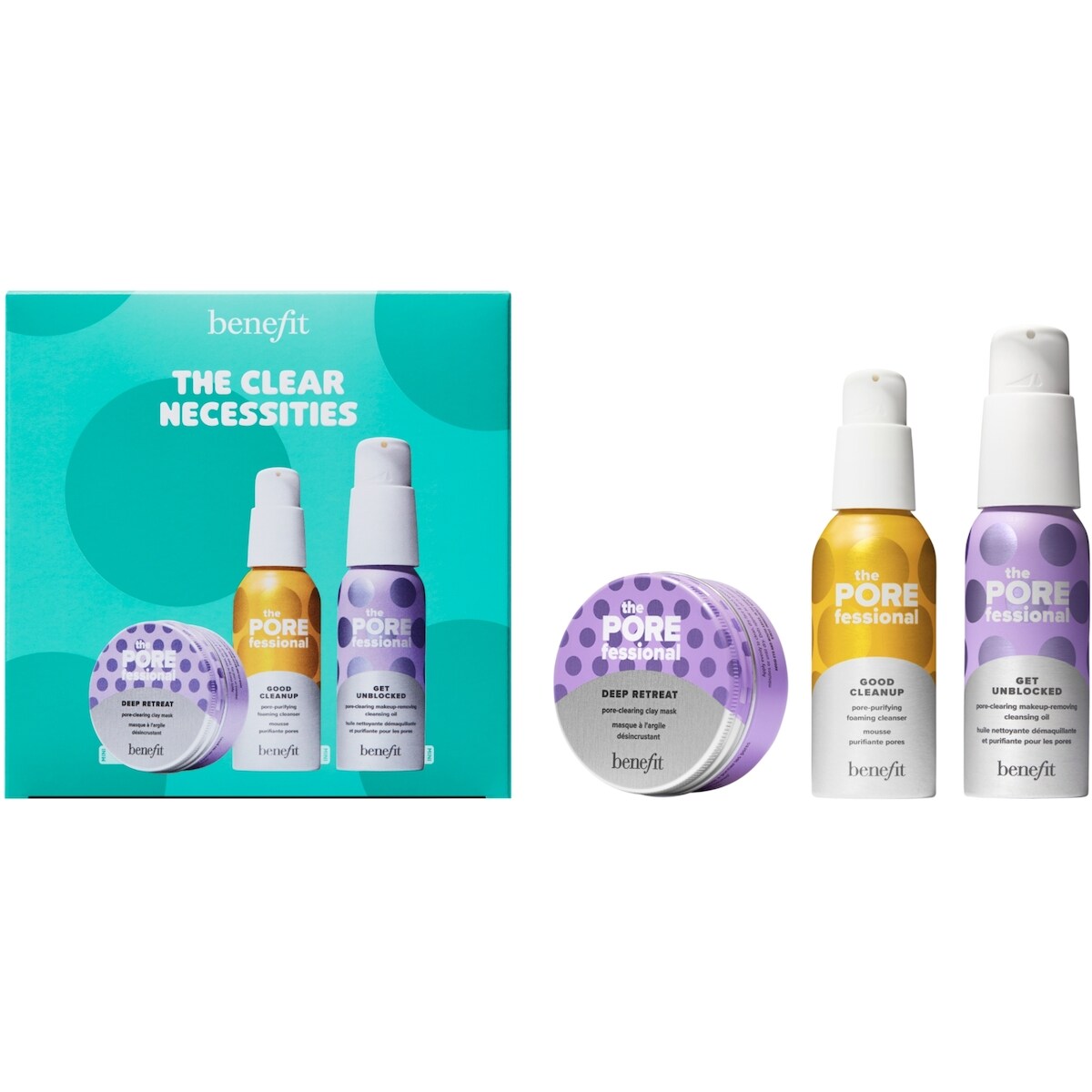 The Clear Necessities cleansing oil, foaming cleanser, and clay mask set